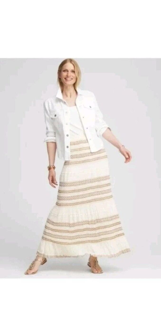 Chico's Crochet Tiered Midi Skirt Ivory Taupe Cotton 2, US 12 Boho Prairie Fairy